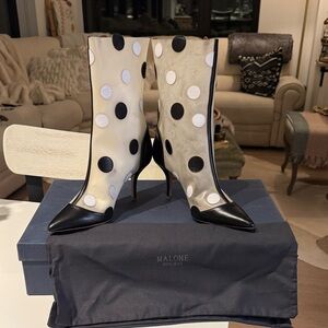 Malone Souliers Black and White Polka Dot Heeled Boots